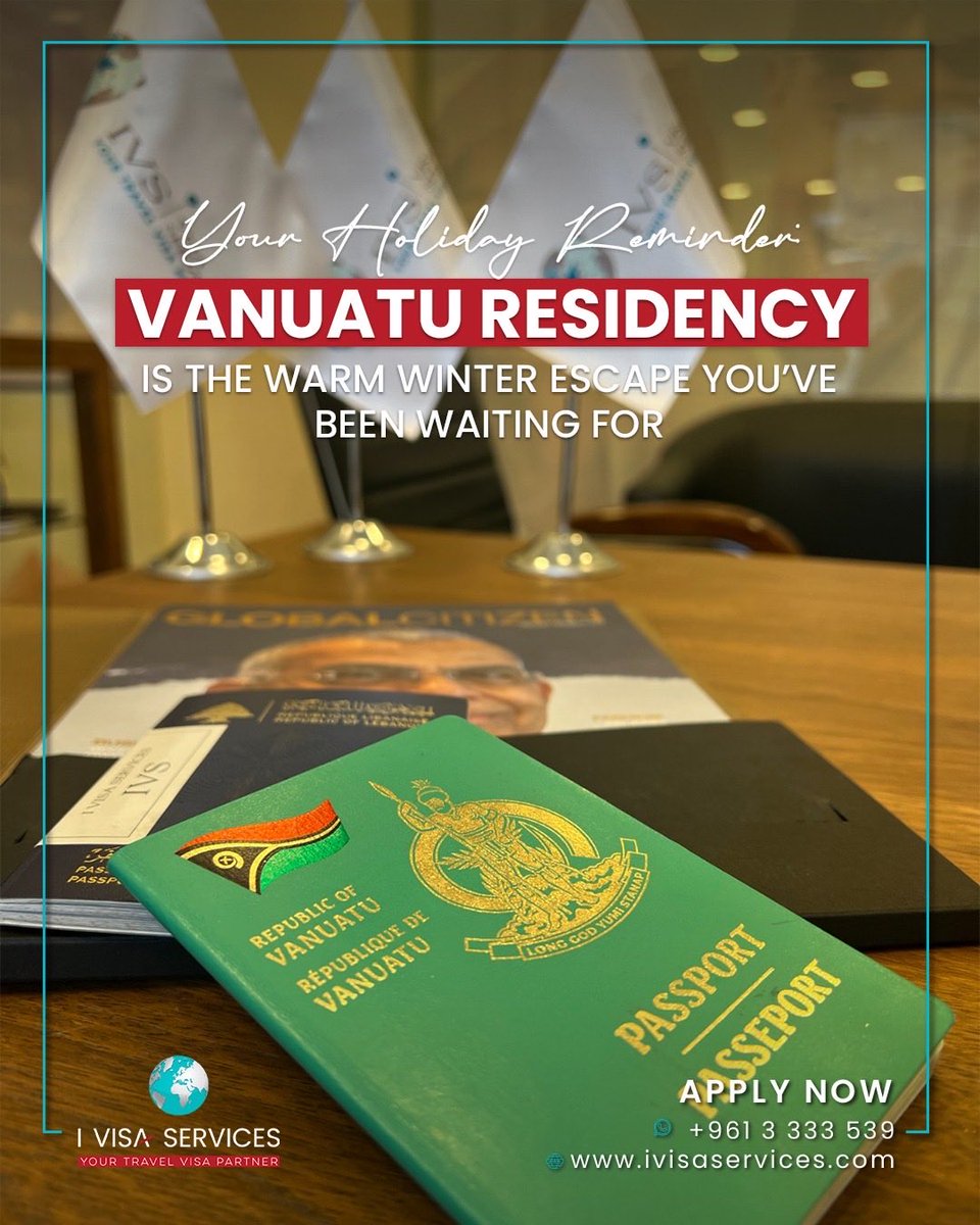 salahbkhalil's tweet image. Escape the chill with Vanuatu residency—your sunny future starts today! 🏝️✨
📍 I VISA SERVICES
📱 M +961 3 333 539
🌐 ivisaservices.com
#VanuatuResidency #WarmWinterEscape #TropicalLiving #ResidencyProgram #IslandLife #ivisaservices #schengenvisa #residency #investment