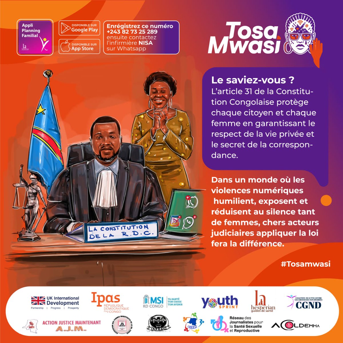 YouthSprint's tweet image. #TOSAMWASI  

Chers Acteurs judiciaires congolais🇨🇩, faites appliquer la loi pour défendre les victimes des violences numériques.  

Pour savoir comment dénoncer, parlez à l&apos;infirmière nurse nisa en cliquant 👇 wa.me/243827325289 et tapez VBG.

#WISH2 
#16JOURSDACTIVISME