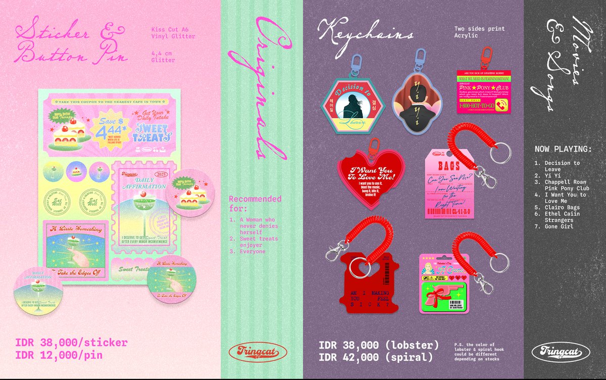 [reposts are appreciated!♡]

TRINGCAT: OTS CATALOG

📍 Art Party @ Brickhall FCC
🌀 Table 56
📅 6-7 Dec

📍 P-LAND @ Blok M Hub
🌀 Table A15
📅 7 Dec

💬 sticker, keychain, art print for movies &amp; songs related
🤍 no other choice, happyend, linda linda linda, mitski, rosalia