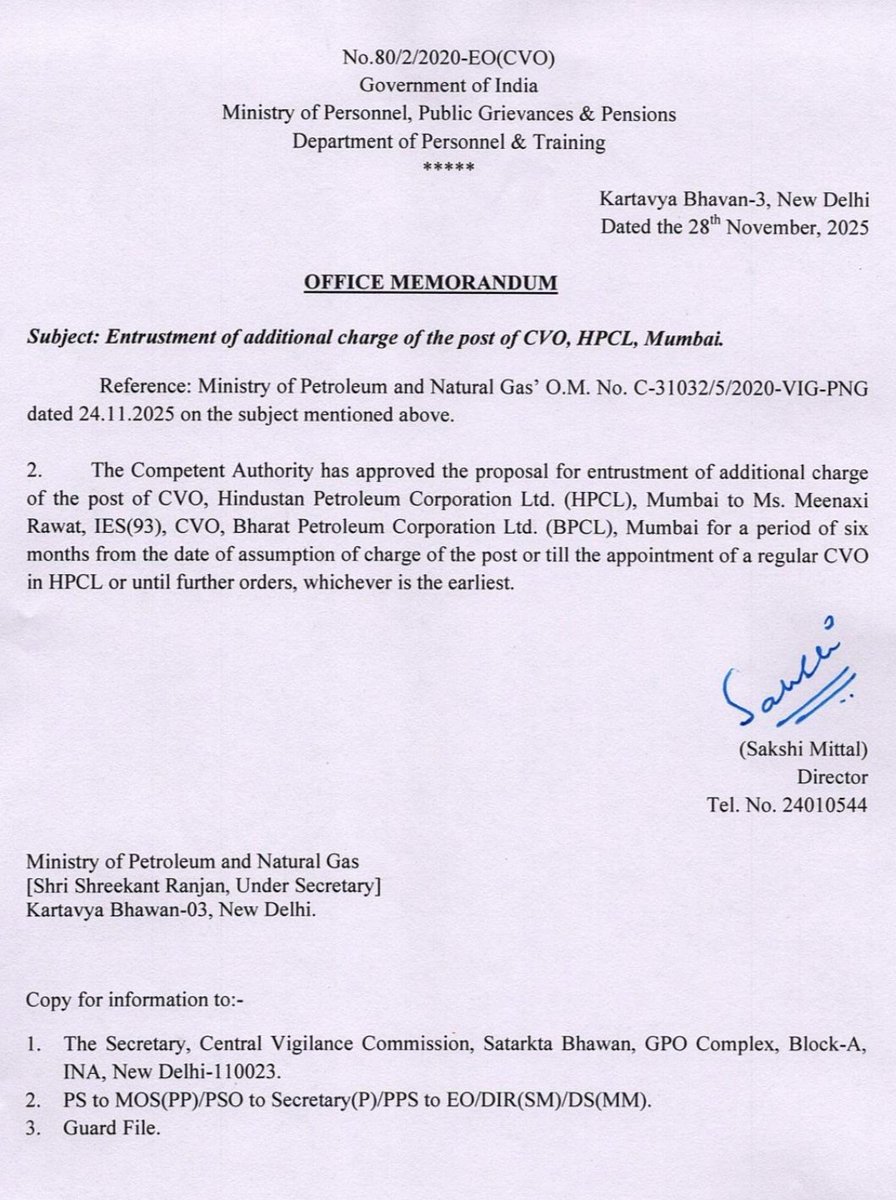 h_pongilath's tweet image. Entrustment of additional charge of the post of #CVO Chief Vigilance Officer #HPCL (Hindustan Petroleum) #Mumbai to Ms. Meenaxi Rawat, #IES (93) CVO, #BPCL (Bharat Petroleum) for a period of six months..