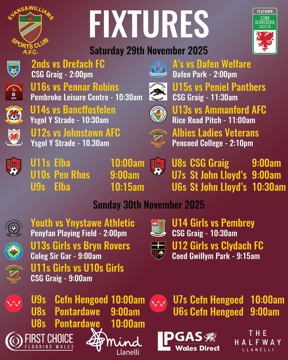 EvansWilliamsFC's tweet photo. Weekend club fixtures #Albies https://t.co/ljBiJWkclo