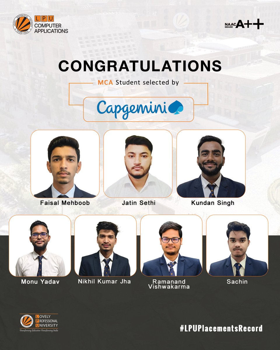 LPUComputerApp's tweet image. Proud to share that our MCA students have been selected by Capgemini! 
Congratulations to all achievers—your hard work shines! 
#LPU #SCALPU #Capgemini #MCA #Placements #LPUProud