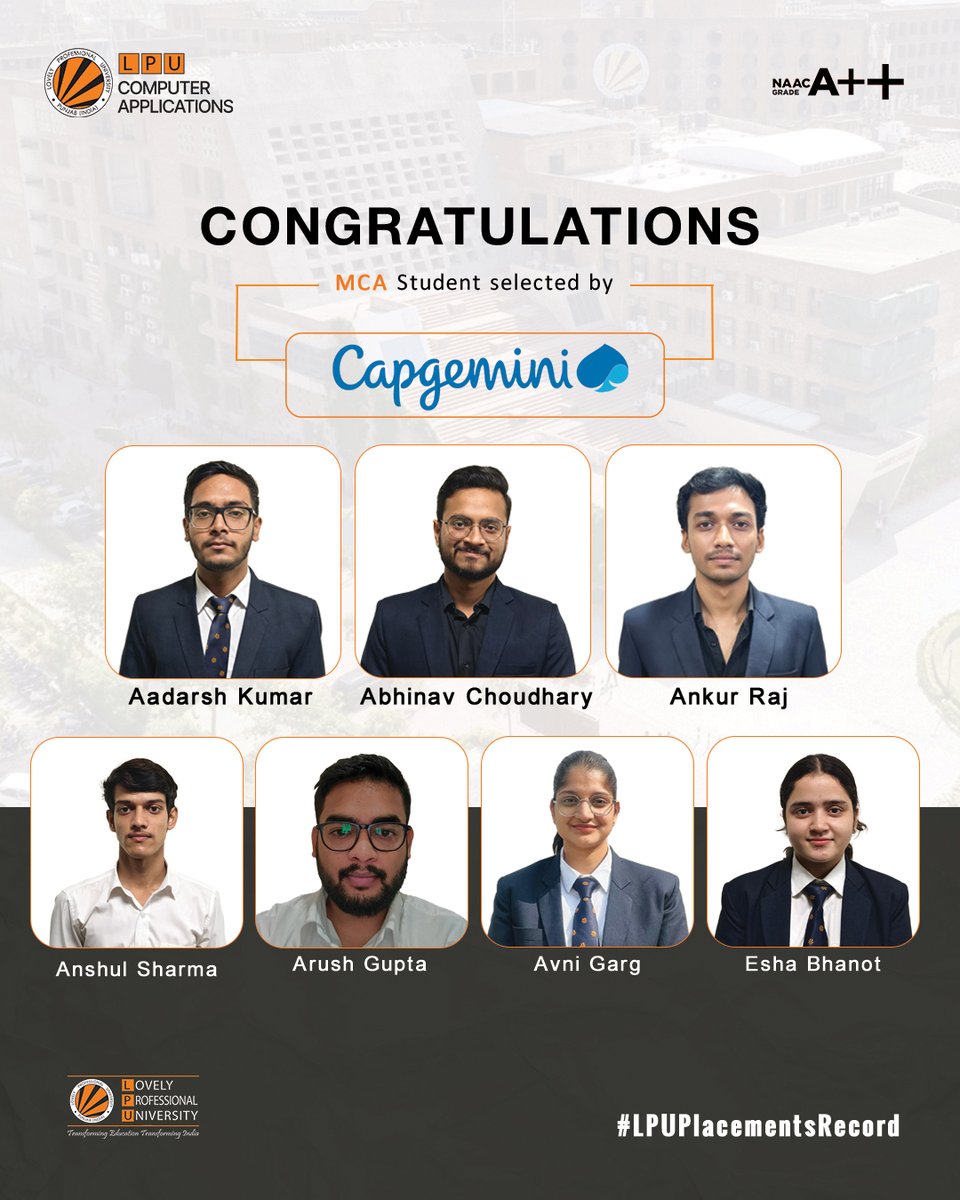 LPUComputerApp's tweet image. Proud to share that our MCA students have been selected by Capgemini! 
Congratulations to all achievers—your hard work shines! 
#LPU #SCALPU #Capgemini #MCA #Placements #LPUProud
