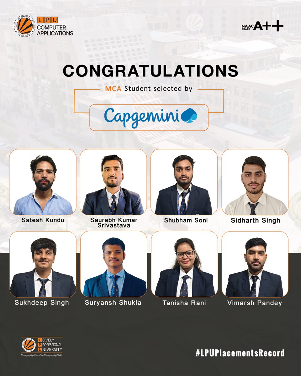 LPUComputerApp's tweet image. Proud to share that our MCA students have been selected by Capgemini! 
Congratulations to all achievers—your hard work shines! 
#LPU #SCALPU #Capgemini #MCA #Placements #LPUProud