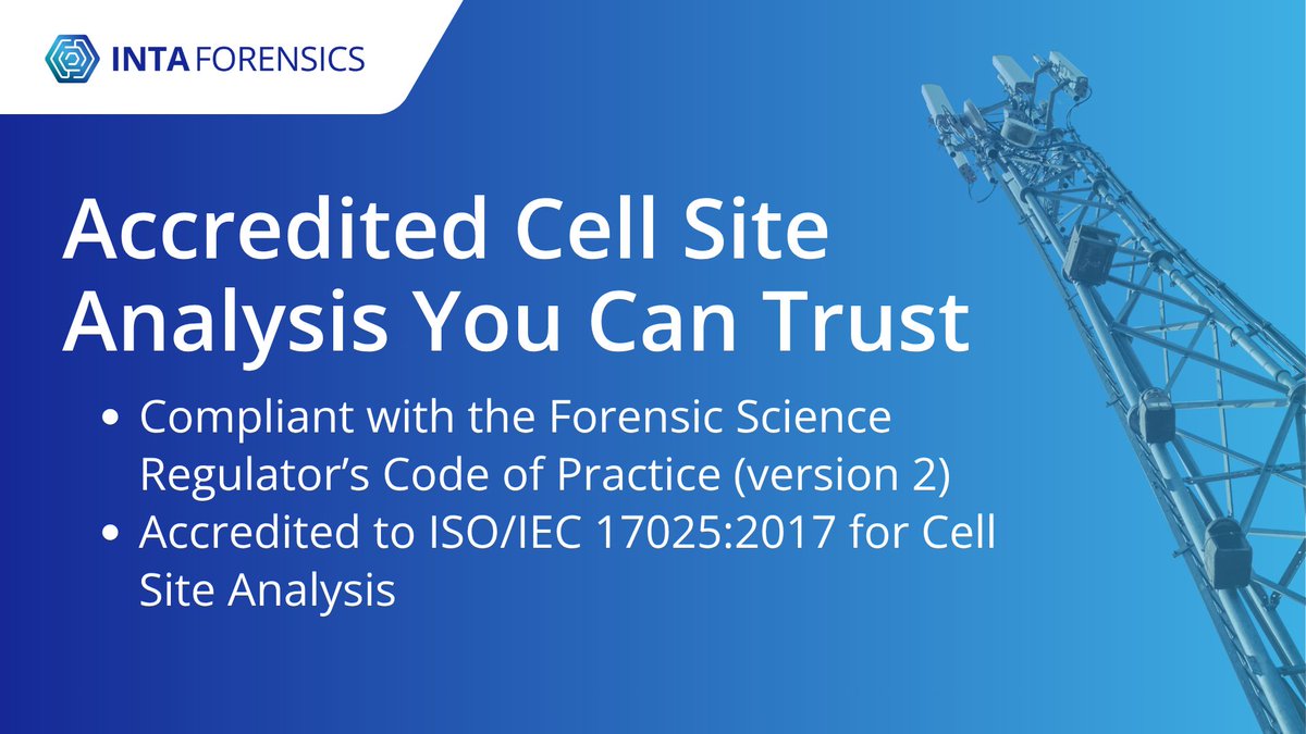 IntaForensics's tweet image. 🔍 At IntaForensics, we are proud to be the first organisation #accredited to ISO/IEC 17025:2017 and the Forensic Science Regulator’s Code of Practice for cell site analysis.

👉 Contact us to learn how our #specialists can assist your investigation: eu1.hubs.ly/H0p-xx40
