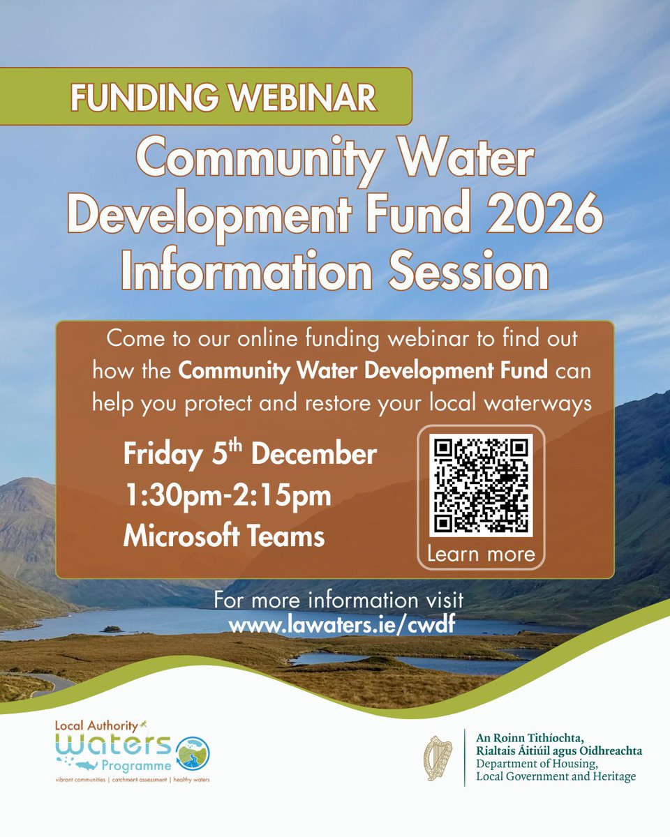 WatersProgramme's tweet image. Want to enhance water quality in your area?💧 

Come to our Community Water Development Fund webinar to find out how we can help! 

📆 Friday 5th December, 1:30pm-2:15pm.

More details: bit.ly/4pzOH0u

Funding is provided by @DeptHousingIRL and administered by LAWPRO.