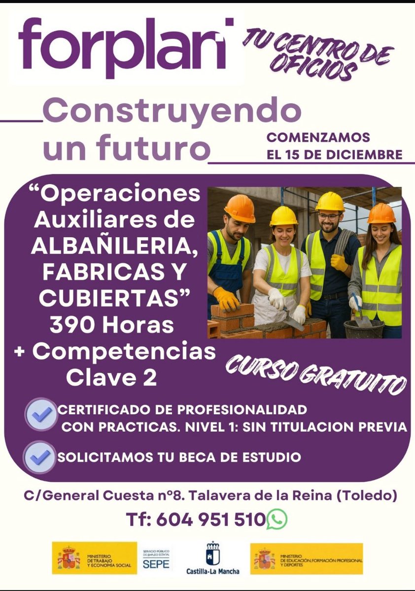Forplan's tweet image. Aprende un oficio en Talavera de la Reina y nosotros te buscamos empleo
Llama o envía un wasap al 604 951 510