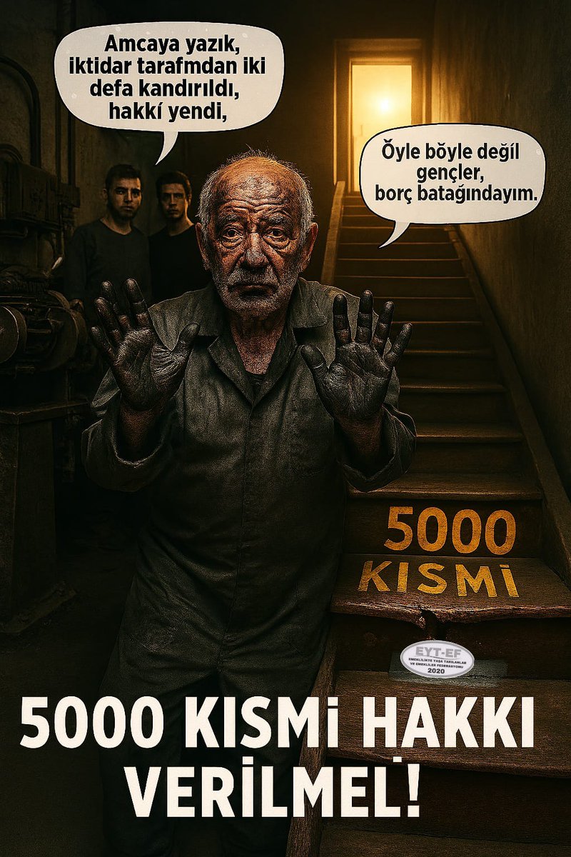 EYT
👇
#5000KısmiHakkıVerilmeli

8 Eylül 99 öncesi 5000 prim günü
50-55 yaş 3600 gün Kısmi Emeklilik şartları tam olan EYT’lilerin sorunu çözülmedi.

Yıllarca gasp edilen haklar, yeni bir yasa ile tastamam iade edilmelidir.

#EmekliAçiktidarSeyirci
<a href="/RTErdogan/">Recep Tayyip Erdoğan</a>
<a href="/isikhanvedat/">Prof. Dr. Vedat Işıkhan</a>