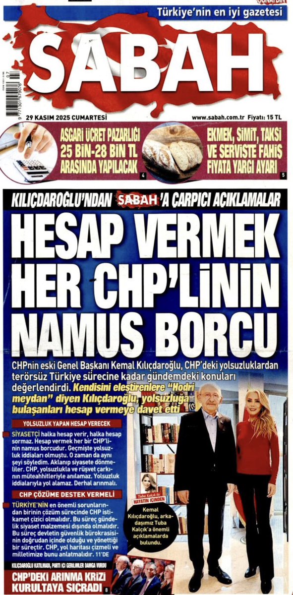 - Sabah gazetesi eskiden Celal Kılıçdaroğlu’nu manşetlere çıkarırdı. Ağabeyi Kemal Kılıçdaroğlu’nu “müteahhitler tarafından satın alınmak”la suçlardı. 
- O ölünce, manşetteki yerini ağabeyi doldurmuş. Bay Kemal de aynı suçlamayı yapıyor, kendi partisine. 
#AynılarAynıYere