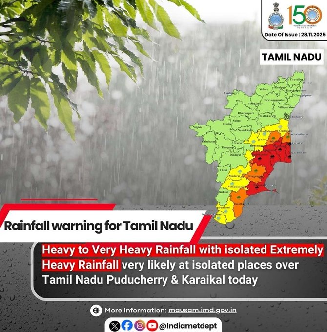 AIRNewsHindi's tweet photo. मौसम विभाग ने चक्रवात दित्वाके मद्देनजर उत्तरी तमिलनाडु, पुद्दुचेरी और दक्षिण आंध्र प्रदेश के तटों के लिए रेड अलर्ट जारी किया। 

#CycloneDitwah #CycloneAlert #TamilNadu #Puducherry #AndhraPradesh #WeatherWarning #CoastalSafety #CycloneSafety #BayOfBengal https://t.co/AGkhATNhsd