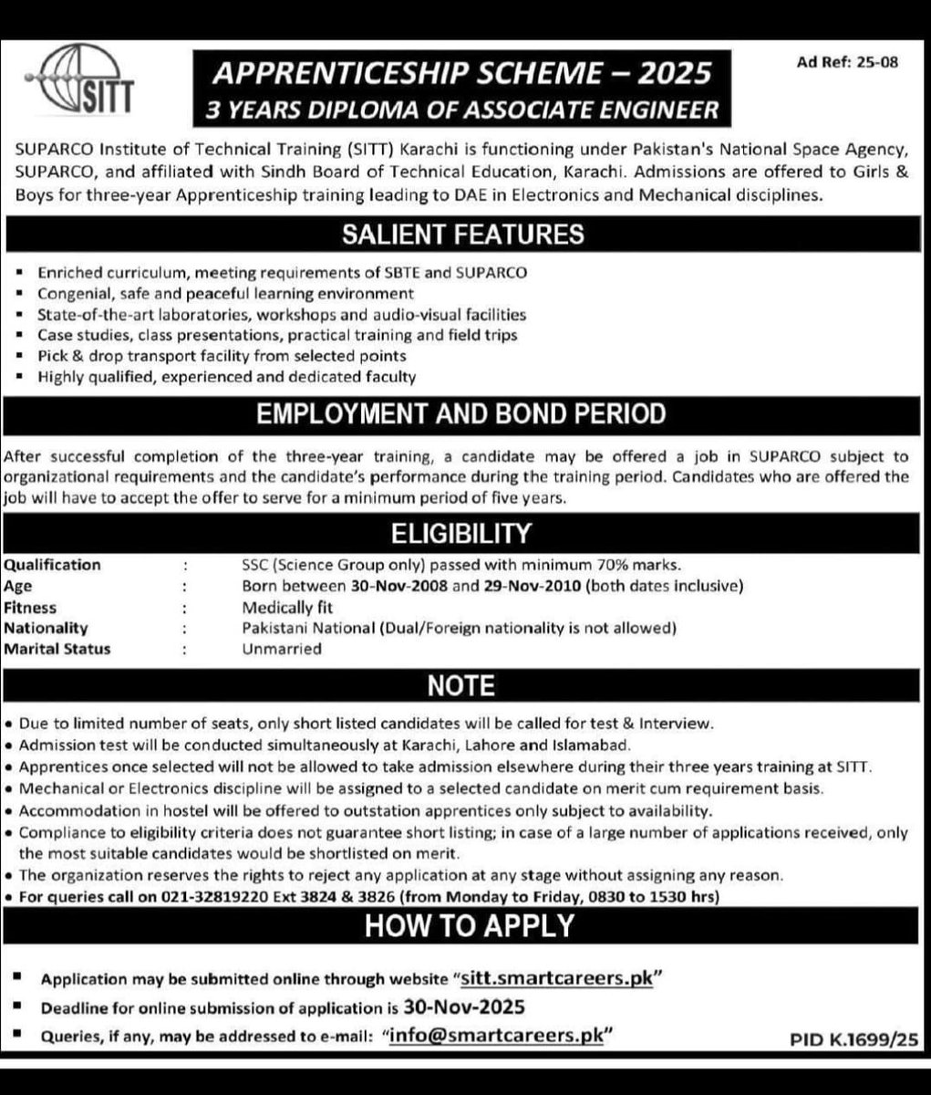 اپنے اردگرد میٹرک پاس بچوں کو مطلع کریں سپارکو  میں تین سالہ ڈپلومہ بنا فیس، بمع فری ہاسٹل میں رہائش اور فری میس ( فری کھانا پینا) سپارکو کے خرچ پر داخلہ کی آخری تاریخ 30 نومبر ہے
ڈپلومہ مکمل کرنے پر کنفرم سرکاری جاب سب انجینئر کی دی جائے گی 

ڈپلومہ میں پوزیشن  ہولڈرز فرسٹ سیکنڈ