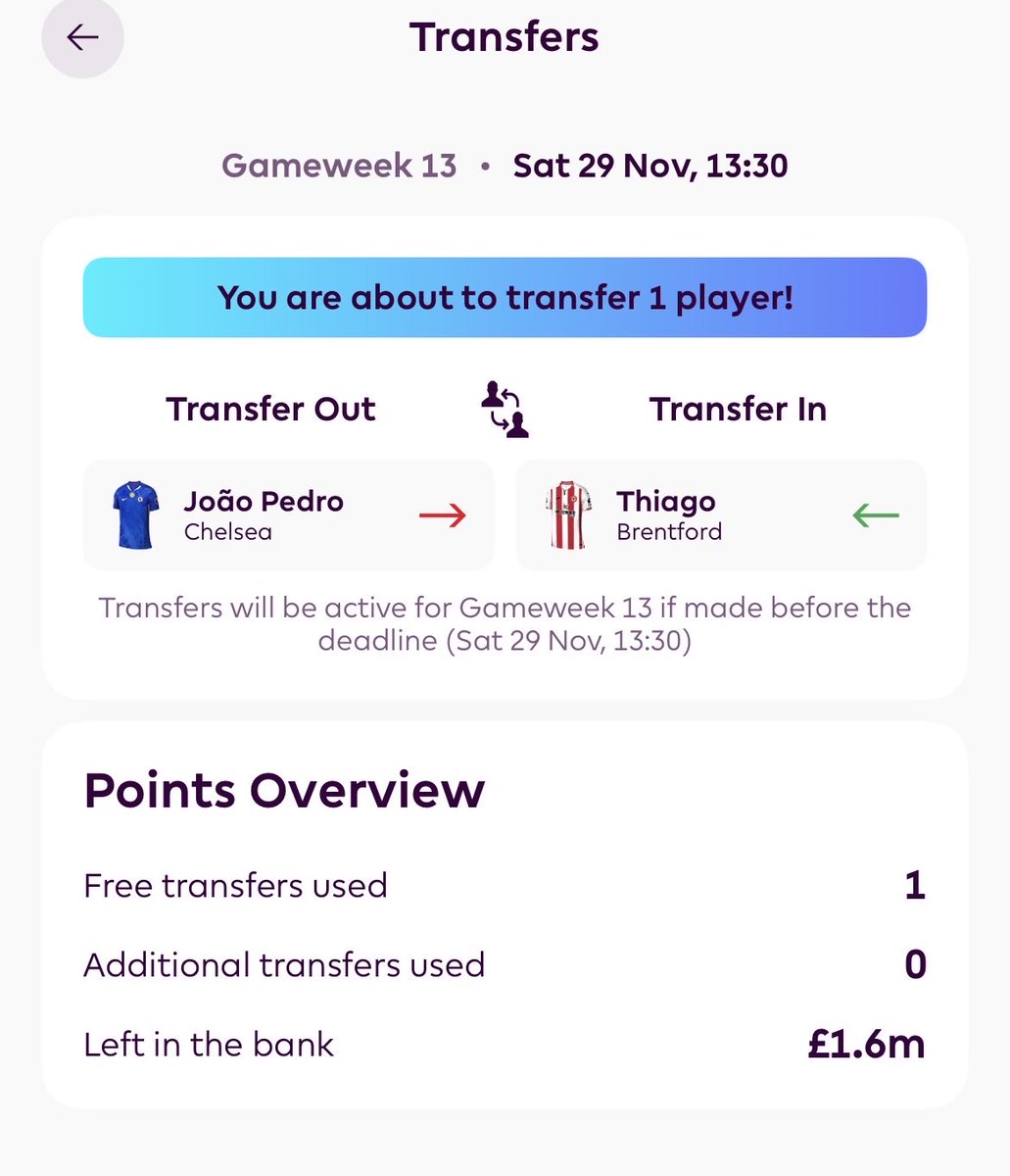 fpl_rock's tweet image. GW13 #FPL Team
🤖🤖🤖#TC13 
1 FT JoaoPedro ➡️ Thiago

Early move as I will be on flight

FH vs TC will be a good contest
I didn’t have a lot of time this week so I am taking the easier TC choice myself.
Benching Anderson does not feel right but I want Thiago. 
Good luck🍀🤞🧧