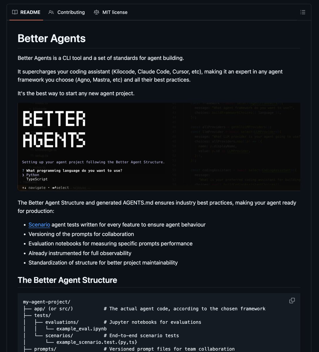 ChrisLaubAI's tweet image. 🚨 This project just made most AI agents look outdated.

It’s called Better Agents and it supercharges your coding assistant (Kilocode, Claude Code, Cursor, etc), making it an expert in any agent framework you choose (Agno, Mastra, etc) and all their best practices.

This is the…