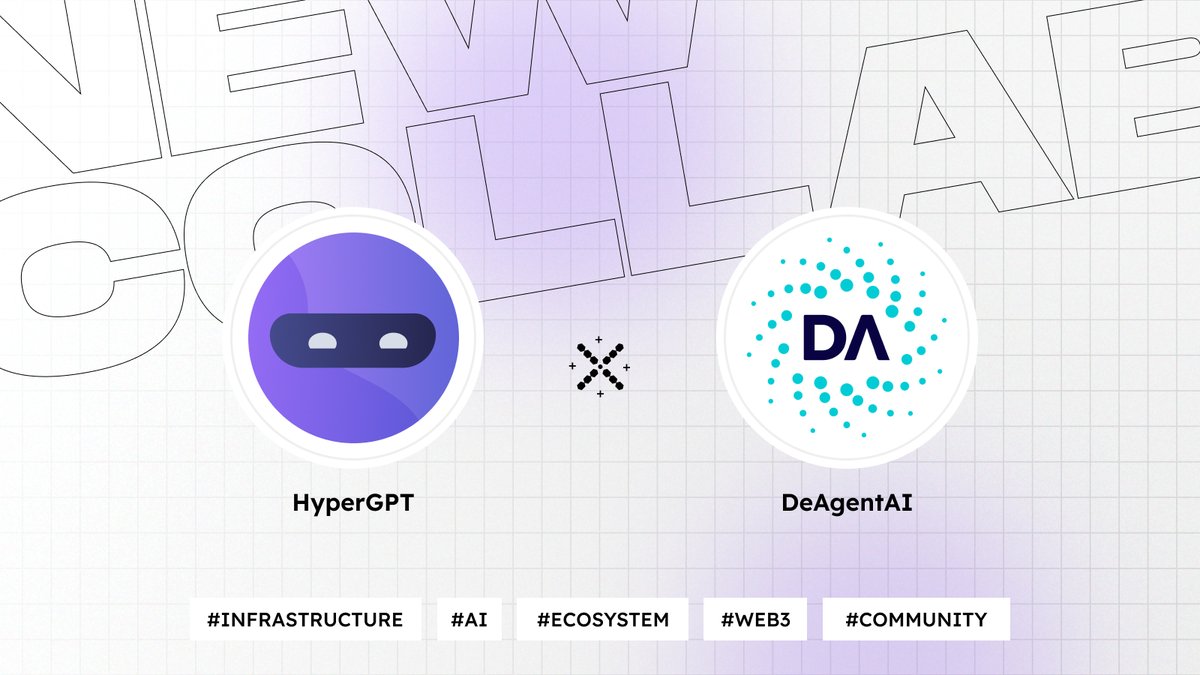 hypergpt's tweet image. Two forces. One vision. Infinite intelligence. 

HyperGPT 🤝 @DeAgentAI

We’re uniting the intelligence layer of Web3 with the agent layer of autonomy.

Where AI doesn’t just learn, it acts, decides, and evolves on-chain.

Trustless. Autonomous. Unstoppable. 

#HyperGPT…