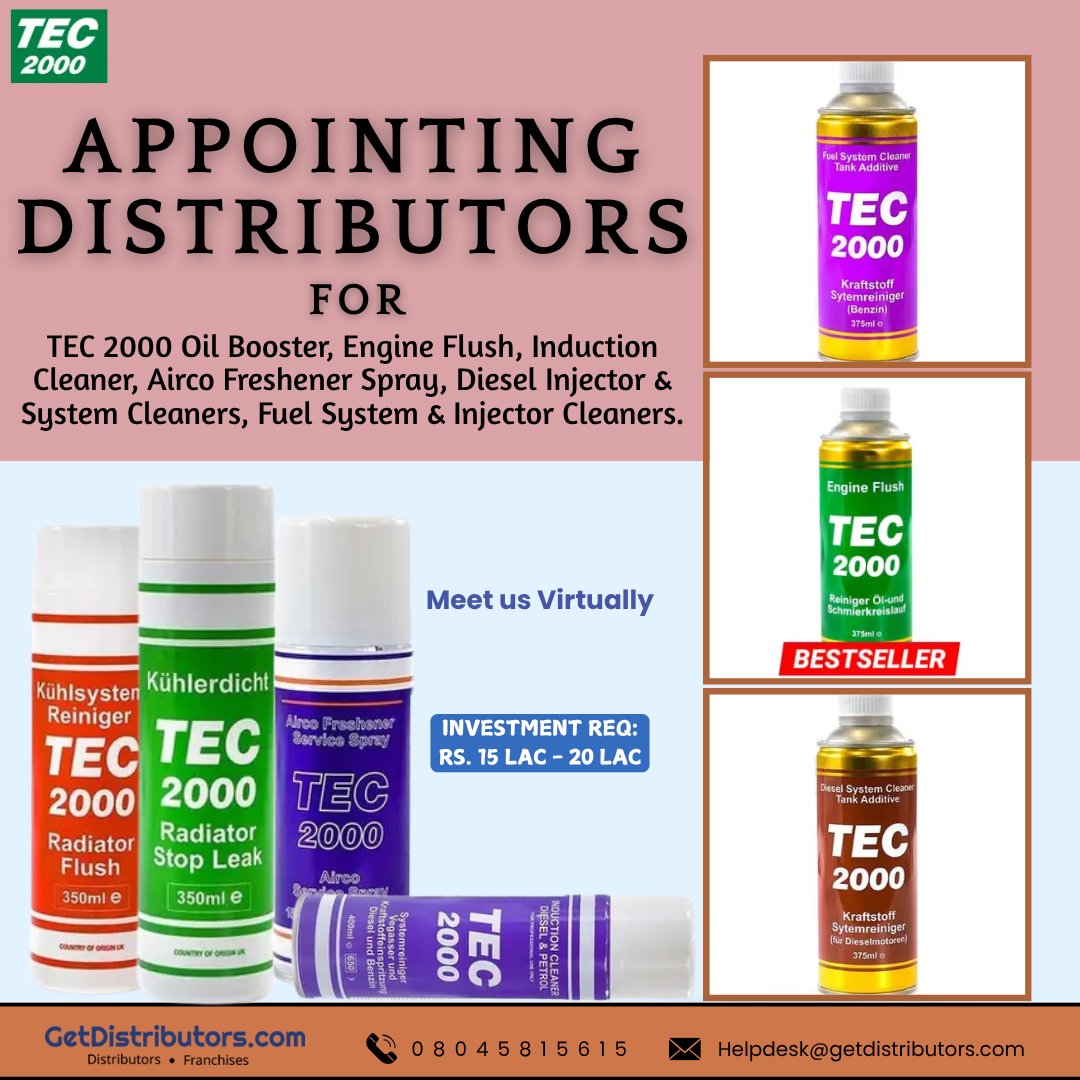 getdistributors's tweet image. Appointing #Distributors for #Tec2000 Oil Booster, Engine Flush, Induction Cleaner, Airco Freshener Spray, Diesel Injector &amp;amp; System Cleaners, Fuel System &amp;amp; Injector Cleaners. 
Details 👉 getdistributors.com/tiny/mD98wllmrY

★Investment : ₹ 15 - 20 Lac
★High Profit Margins 

#Dealers