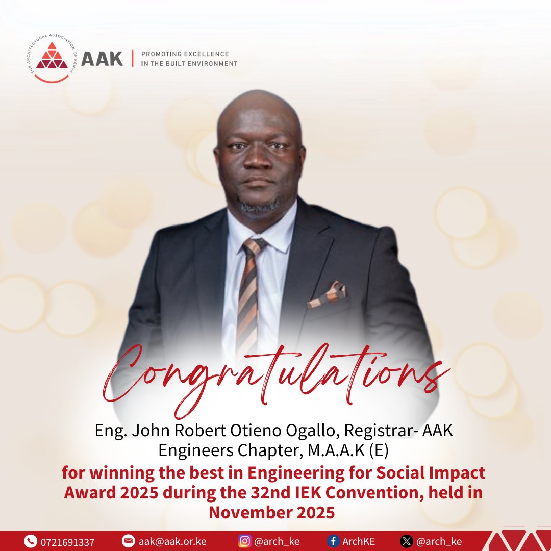 Arch_KE's tweet photo. We congratulate the @AAK_Engineers chapter registrar Eng. @otienogallo for being honoured with the Best in Engineering for Social Impact @TheIEK Awards 2025.

His commitment to advancing engineering excellence continues to shape Kenya’s future . #aakengineers https://t.co/zN9XiG7Lpd