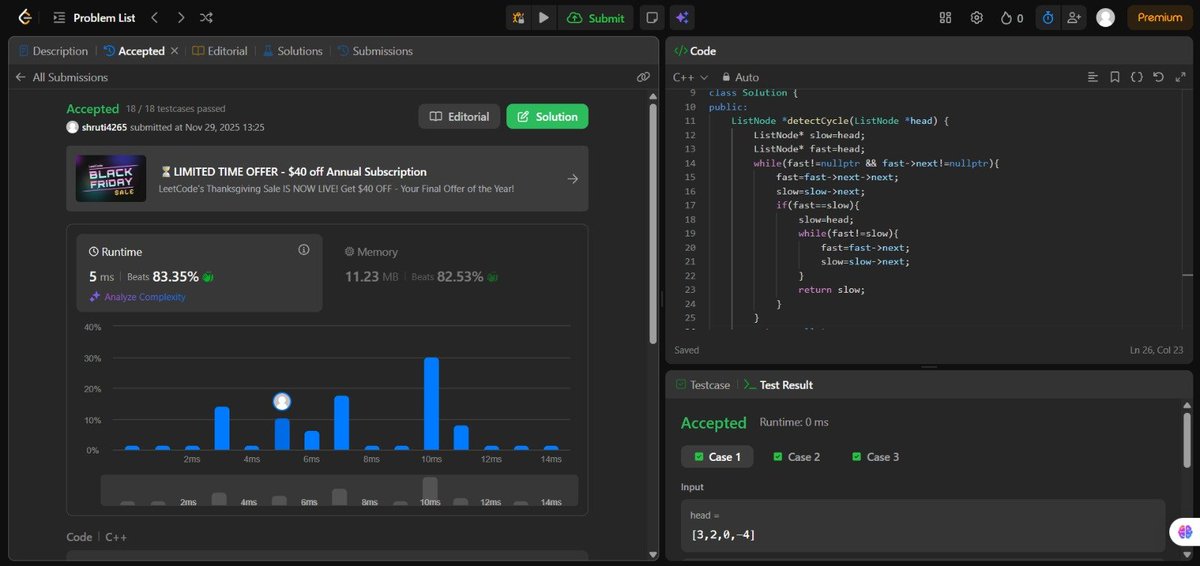 ShrutiS45736639's tweet image. Day 56/100 #100DaysOfCode

Deep dive into Linked List cycles today! 🔄

Solved &quot;Linked List Cycle II&quot; to find the starting node and &quot;Find length of Loop&quot;. The math behind the Tortoise and Hare algorithm is fascinating.

Also tackled &quot;Odd Even Linked List&quot;. 
#DSA #LearnInPublic