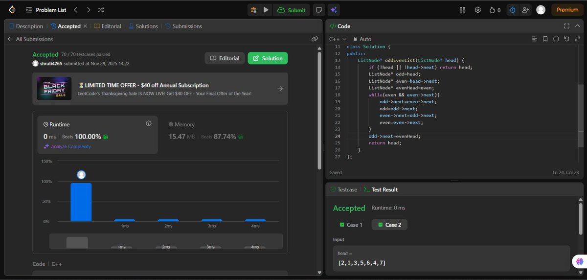 ShrutiS45736639's tweet image. Day 56/100 #100DaysOfCode

Deep dive into Linked List cycles today! 🔄

Solved &quot;Linked List Cycle II&quot; to find the starting node and &quot;Find length of Loop&quot;. The math behind the Tortoise and Hare algorithm is fascinating.

Also tackled &quot;Odd Even Linked List&quot;. 
#DSA #LearnInPublic