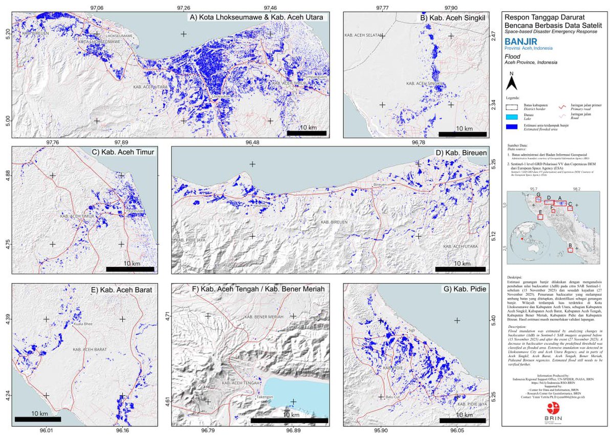 mimiya_ku's tweet photo. Estimasi banjir Aceh (Sentinel-1, 15 &amp; 27 Nov 2025) menunjukkan dampak terbesar di Lhokseumawe dan Aceh Utara, serta sebagian wilayah lain.
Berbasis citra satelit — validasi lapangan tetap diperlukan.
Info oleh Indonesia RSO – UN-SPIDER (INASA, BRIN)
Kontak: yenn004@brin.go.id https://t.co/wWC6Nc7mbz