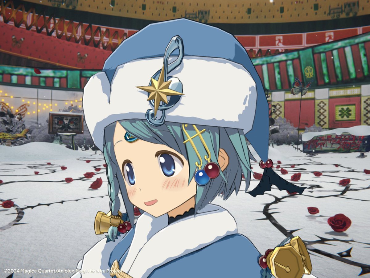 サンタさやかちゃん神引き！！かわいい！！
クリスマス背景を背にまどドラカメラで遊んだ！
プレゼントボックス渡すポーズあるの良いね！
おでこのソウルジェムや帽子に楽譜の飾り、人魚の魔女の尾鰭感も良い！！
薔薇園の魔女のクリスマス版結界も雰囲気良いな〜！
#まどドラ　#まどドラカメラ