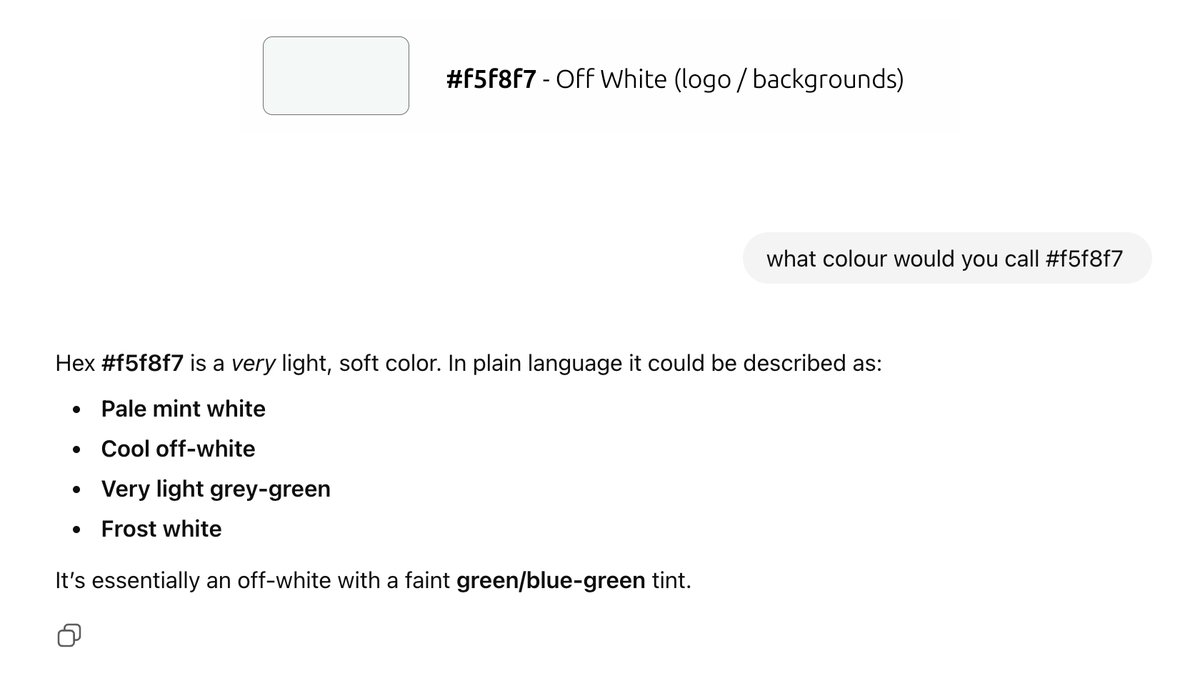 wp_snippets_ai's tweet image. Have you ever been stuck trying to explain a web HTML colour code to someone?   I asked AI and got the answers I needed.😊 
I like the pale mint white answer. 
#AI #chatgptgo @ChatGPTapp #openai @OpenAI #VibeCoding #Anthropic @AnthropicAI #chatgpt @claudeai
