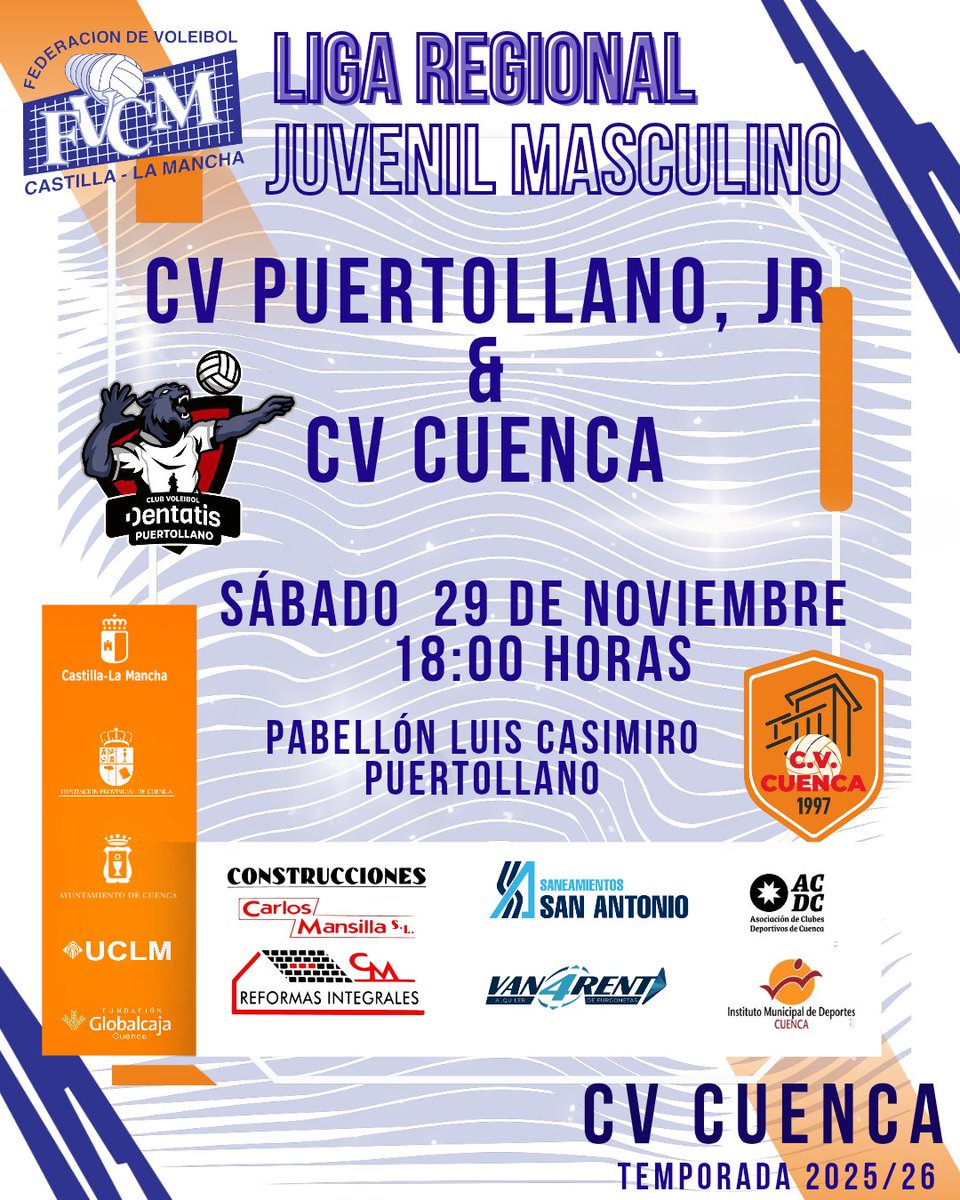Nuestro equipo juvenil vuelve a la acción este fin de semana.
En esta ocasión viajarán hasta Puertollano (Ciudad Real) para disputar la segunda jornada de liga frente al Club Voleibol Puertollano.

📅 Sábado, 29 de noviembre
⏰ 18:00 horas
📍 Pabellón Luis Casimiro, Puertollano