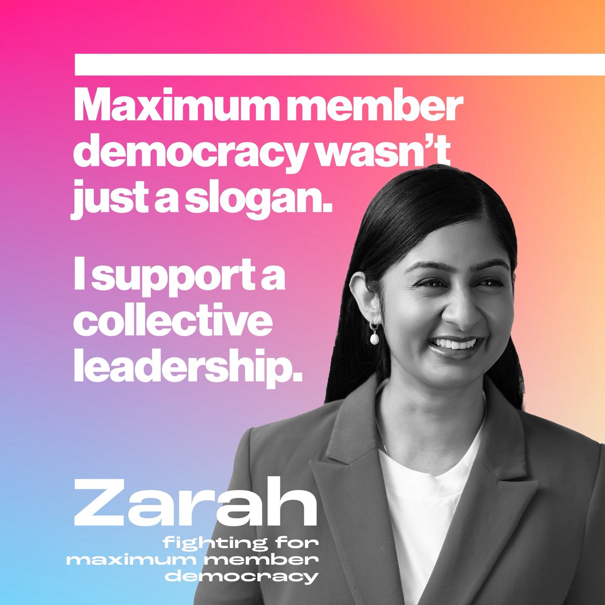 We must unite the left. 

The witch hunt must end. 

Your Party cannot be a Labour 2.0.

It must be led by its members, not MPs.

Vote for a collective leadership model.