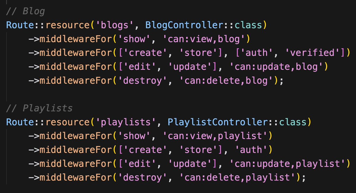 我在审阅的一个项目中看到了这段代码。

 Roure::resource()->middlewareFor()

你怎么认为？

看起来很酷，但是……不知道。
我觉得很难读懂。

我希望这些检查放在控制器方法中。
或者其他地方。

 M？
