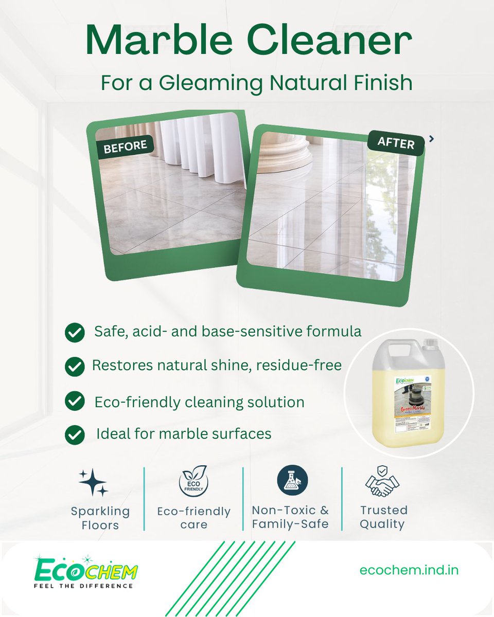 ecochemindia's tweet image. A spotless shine without harsh chemicals.
Ecochem's non-toxic formula restores your marble’s natural glow while keeping your space safe for your family. 💎✨

#Ecochem #GreenCleaning #MarbleCare #NonToxic #EcoFriendlyCleaning #SafeForMarble #SustainableClean #FloorCare