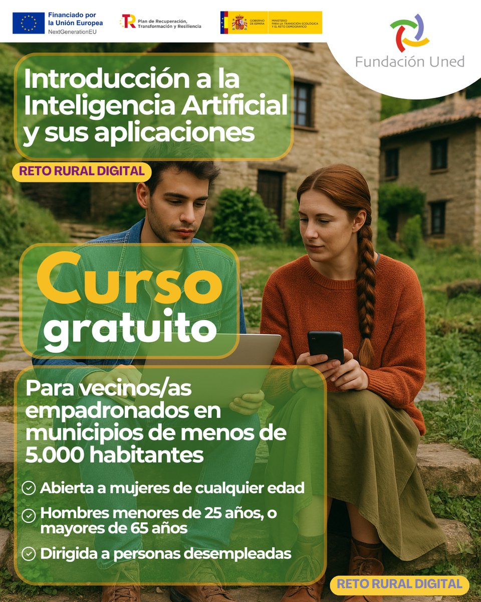 🤖 ¡Curso GRATUITO de Inteligencia Artificial!

📍 Para vecin@s empadronados en municipios de -5.000 habitantes
🎯 Mujeres, hombres de menos de 25 años o mayores de 65 y desempleados
🧑‍💻 Online | 🏫 Presencial en Segovia

📝 Inscríbete ya:
f.mtr.cool/ypixpvajoc