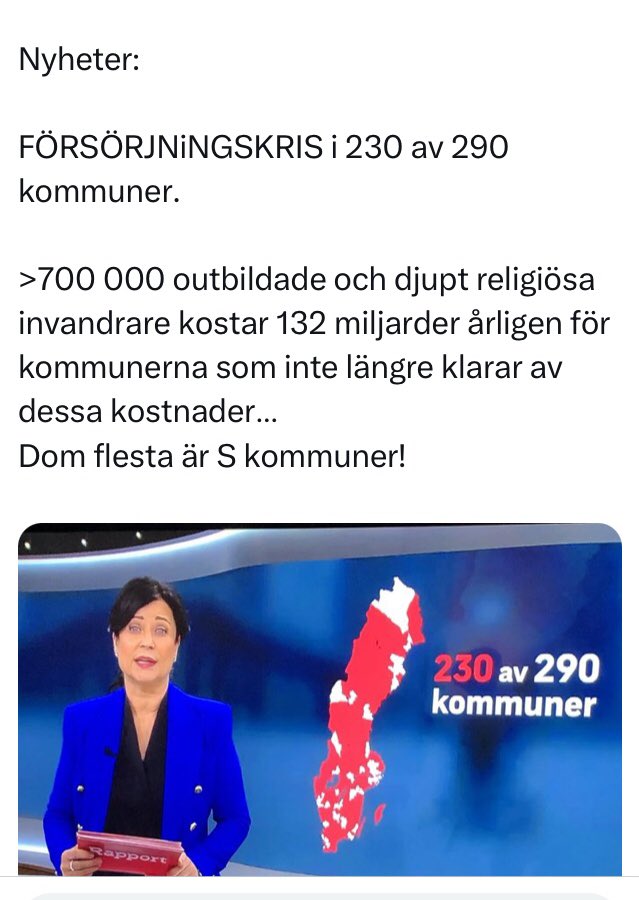 NorvellTommy's tweet image. Sverige har just nu:

&amp;gt;2 000 000 invandrare
700 000 i utanförskap områden
1 300 000 muslimer
800 000 analfabeter
62 000 gängkriminella

Detta är vad svenska politiker (merparten S/Mp/V/C) tillfört landet de senaste 15 åren. Ser det ljust ut tycker ni?

Källor: SCB och Polisen.