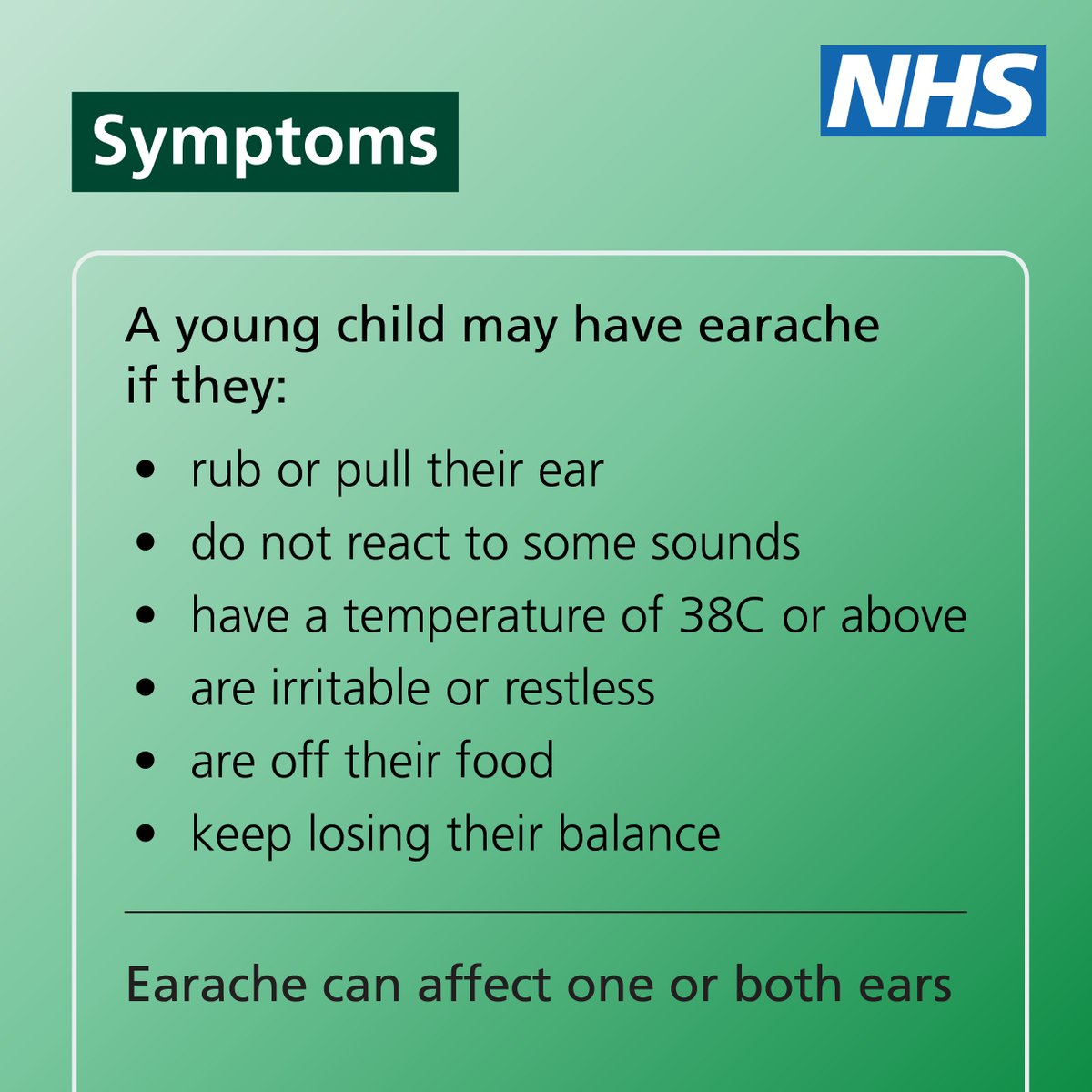 NHSuk's tweet image. If your child is struggling with earache, your local pharmacist could help. 

Pharmacists can give advice and treatments for earache and can also direct you to other medical help if necessary. 

To find a pharmacy near you, visit nhs.uk/service-search…