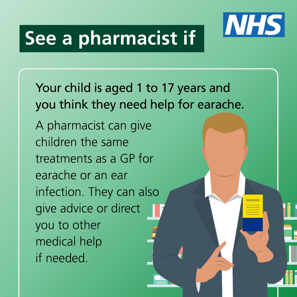 NHSuk's tweet image. If your child is struggling with earache, your local pharmacist could help. 

Pharmacists can give advice and treatments for earache and can also direct you to other medical help if necessary. 

To find a pharmacy near you, visit nhs.uk/service-search…