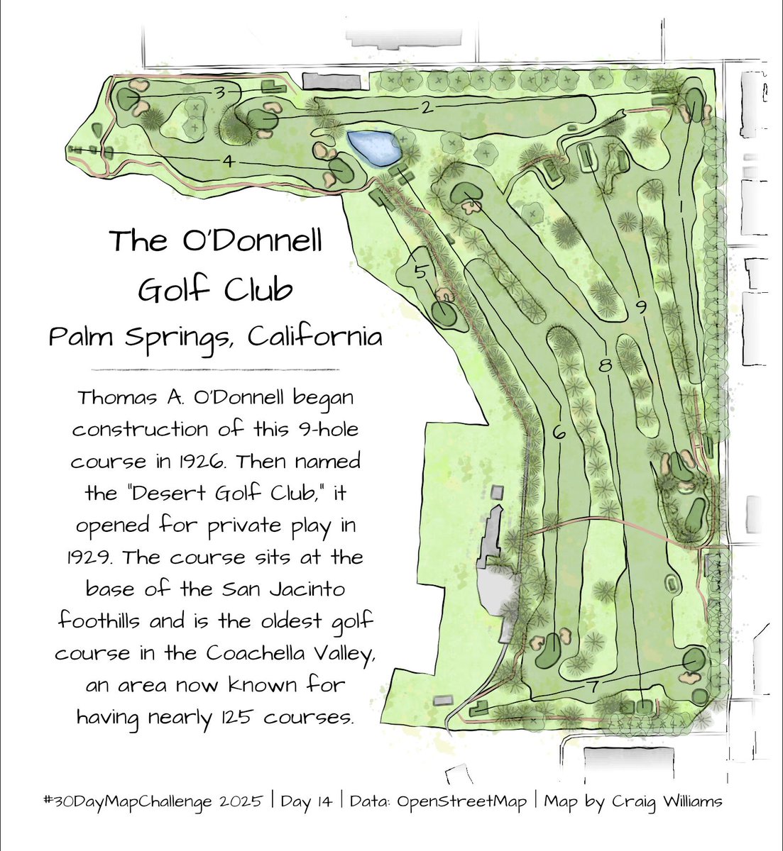 TheGeoWhisperer's tweet image. A “Draft Sketch” of a map?! Craig Williams edits a golf course map on “OpenStreetMap”, inspired by working at a course during his teenage years. He mapped The O&apos;Donnell Golf Club in Palm Springs using #ArcGIS Pro.
#30DayMapChallenge day 14: ow.ly/3hgW50Xt9Yq