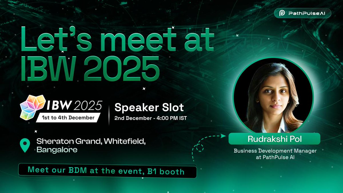 PathPulse_AI's tweet image. 🔥 PATHPULSE AI AT INDIA BLOCKCHAIN WEEK 2025

We’re heading to IBW 2025 in Bangalore from Dec 1-4, and you’ll find us at Booth B1 with something special for the community. 👀

🎙 Speaker Session: Dec 2 at 4:00 PM
🤝 Meet: Rudrakshi Pol, our BD Manager
📍 Venue: Sheraton Grand,…