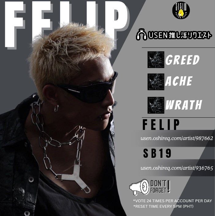 SisiwVoteSquad's tweet image. FELIP is unleashing energy like never before — the living embodiment of GREED, ACHE, and WRATH, and we are LIVING for it! 🔥

Let’s show the world the power of his FLEET! Vote DAILY on USEN and push FELIP and SB19 straight to the top! ⚡️💥

➡️ FELIPusen.oshireq.com/artist/987662

➡️…