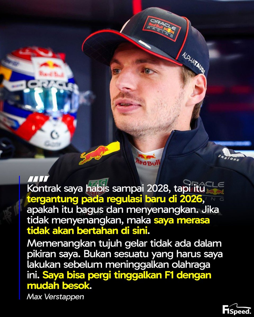 f1speed_indo's tweet photo. 🚨 Max Verstappen memang masih punya kontrak bersama Red Bull sampai 2028, namun ia akan memakai 2026 sebagai musim pertama regulasi baru sebagai penentuan masa depannya di F1.

Jika regulasi 2026 bagus & menyenangkan dari sisi karakteristik mobil, Verstappen akan bertahan lebih lama di F1/Red Bull. Namun kalau tidak, Verstappen buka peluang pensiun lebih cepat.

Pembalap Belanda ini mengaku tidak punya ambisi untuk mengejar rekor tujuh gelar juara dunia dan bisa pensiun dari F1 kapan saja jika dia mau.
