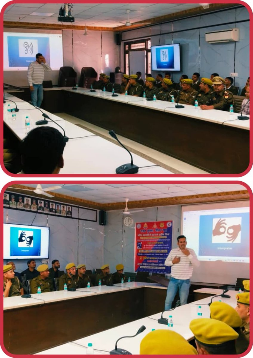 Agratraffic's tweet photo. आज पुलिस कमिश्नर, आगरा के निर्देशन में #Dcptraffic श्री सोनम कुमार की अध्यक्षता में सड़क सुरक्षा जागरूकता एवं सांकेतिक भाषा प्रशिक्षण कार्यक्रम आयोजित किया इस दौरान मूक-बधिर चालकों के प्रतीक चिन्ह योजना के प्रभावी क्रियान्वयन के लिए यातायात पुलिस कार्मिकों को प्रशिक्षण दिया गया। https://t.co/0FLQyzdWXv