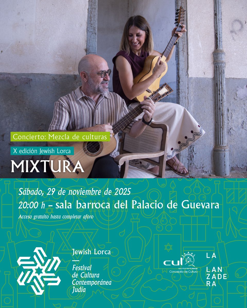 2️⃣ª cita
⌚️ Today 16:30 + 20 h!
💬 2ª jornada del X #JewishLorca con: DJ session 'II jewish music experience' x #MLacroix + Concierto 'Mezcla de culturas' x #Mixtura
📍 pz. Calderón de la Barca + palacio de Guevara, #Lorca
🎫 Libre
☑️ Mi recomendación, tu decisión | 📢 Doy fe.