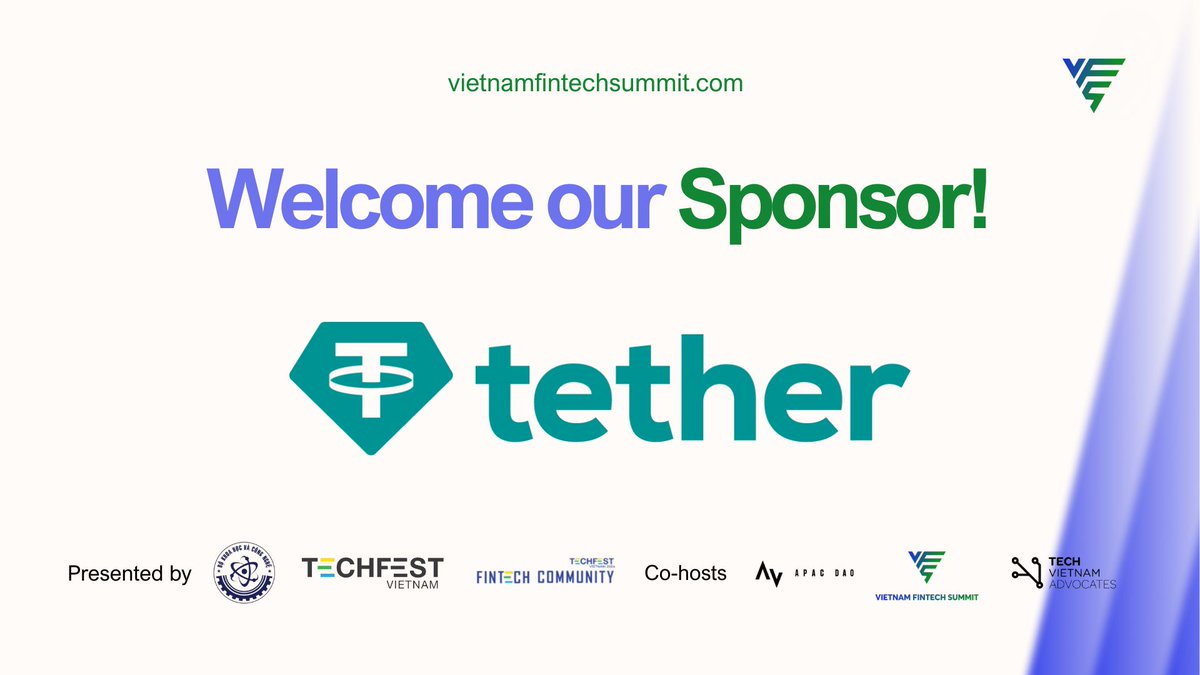 apacdao's tweet image. APAC DAO is excited to welcome @Tether_to as an official Sponsor of Vietnam Fintech Summit 2025.

As the world’s leading stablecoin issuer and a key player in digital asset infrastructure, Tether will bring global insights on compliance, transparency, and the evolution of digital…