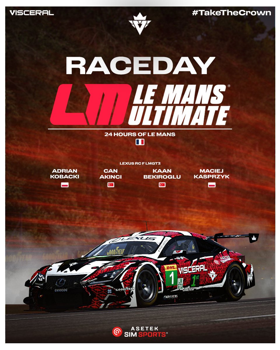 RACE DAY | #VSRLMU

The wait is over. It's time for our biggest challenge yet on <a href="/LeMansUltimate/">Le Mans Ultimate</a>! 💪‍‍

Five Visceral entries take on the 24 Hours of Le Mans, with our LMGT3 and Hypercar squads ready to SEND it! 💪‍‍

Let's get them team! 👑

#TakeTheCrown <a href="/AsetekSimSports/">Asetek SimSports</a>