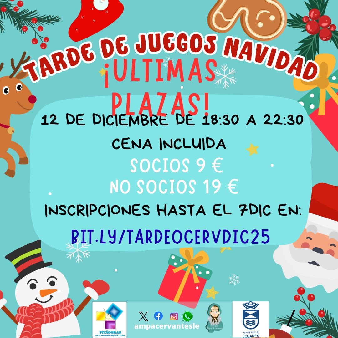 Tras el éxito de la tarde de juegos en Halloween, repetimos evento en navidad. 

📝Será el 12 de diciembre a las 18.30. 

ℹ️Para conocer más del evento visita bit.ly/4ieL9ON 

ℹ️Para realizar la inscripción rellena este formulario bit.ly/tardeocervdic25