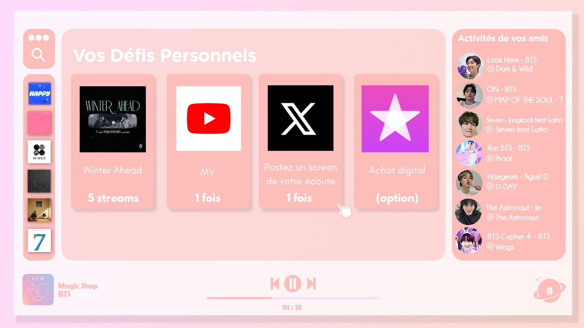 ARMYFRANCE_'s tweet image. [@BTS_twt  x #ChallengeYourself]

Aujourd’hui, nous mettons à l’honneur Winter Ahead et pour cela, nous vous lançons ces défis ! 

Vous pouvez écouter sur la plateforme de streaming de votre choix !

Réussirez-vous à atteindre cet objectif personnel ? 👀