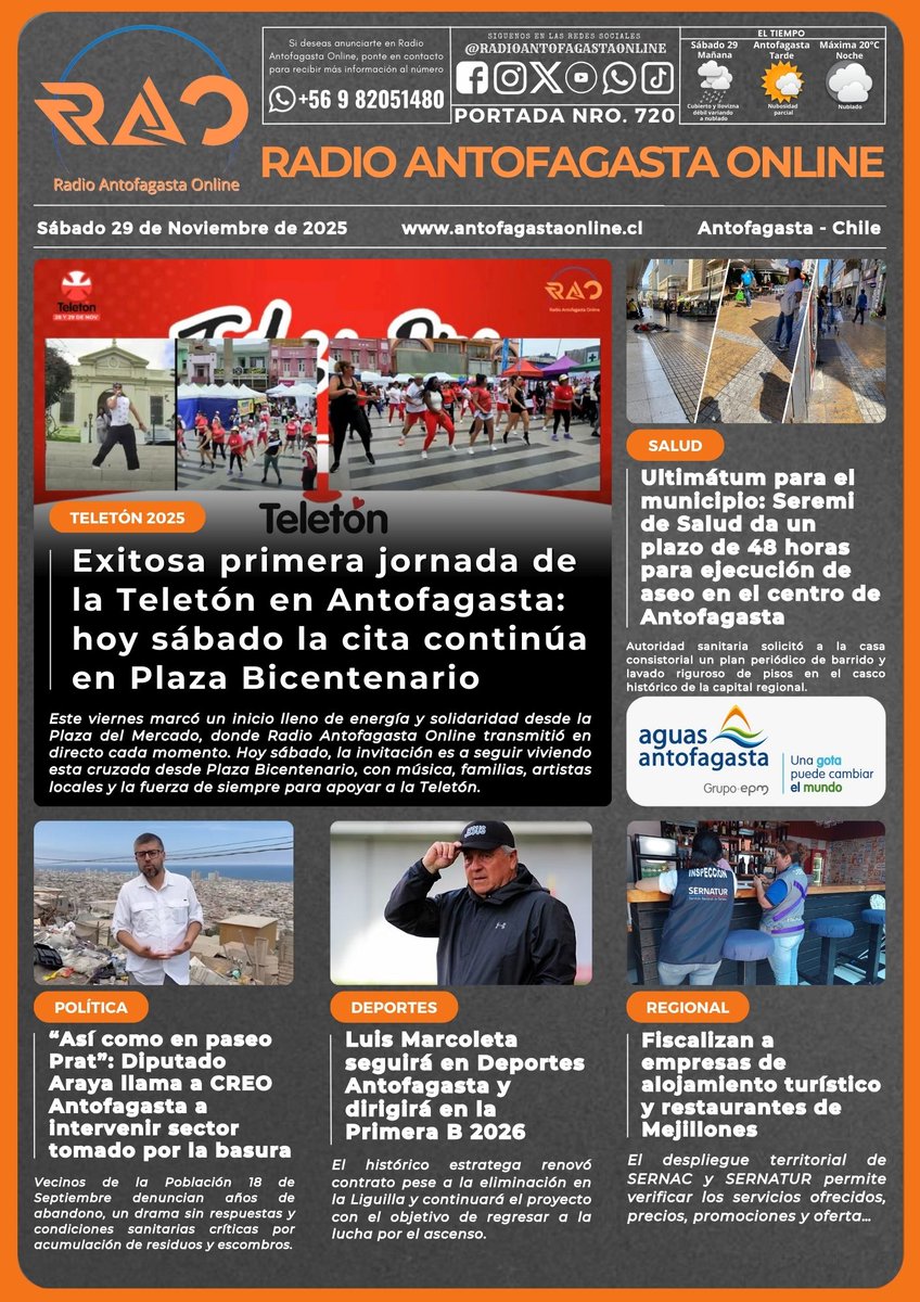 #TitularesRAO | Portada N°720 de Radio Antofagasta Online para hoy sábado 29 de noviembre del 2025.

antofagastaonline.cl/post/portada-n…
