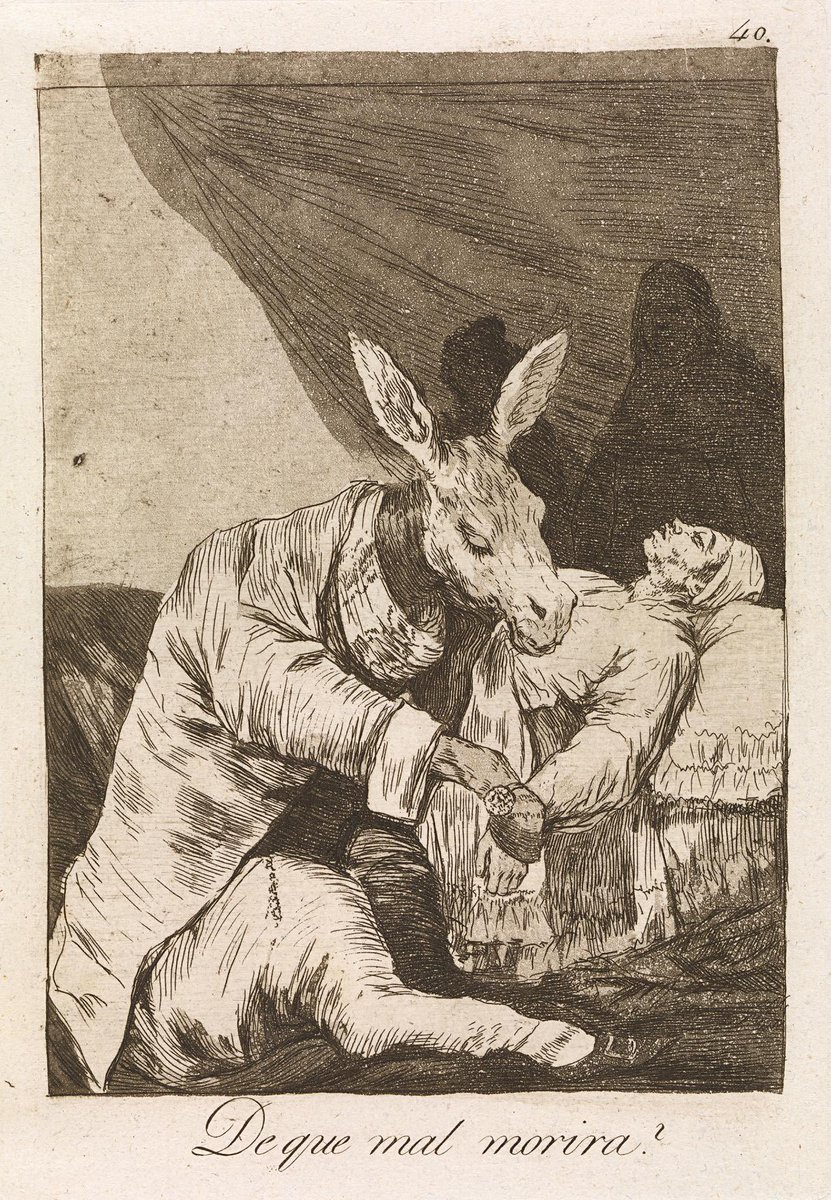 Francisco Goya 1797-98 yılları arasında yaptığı 'Hangi Hastalıktan Ölecek' adlı gravür çalışmasında İspanya'daki doktorların eğitimsizliğini ve sağlık koşullarının yetersizliğini eleştirir. 

Bu dönemde doktorlar o kadar yetersizdir ki hastalıklara çare bulmak yerine hastaların