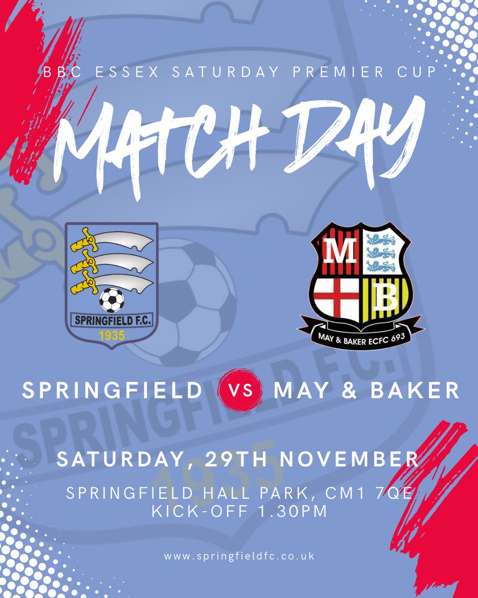 Springfield1935's tweet photo. ๐ฅ MATCHDAY | CUP ACTION
Springfield vs May & Baker
๐ BBC Essex Saturday Premier Cup
๐ Springfield Hall Park
โฐ 1:30pm KO
Cup football at home โ letโs get it done, lads ๐โค๏ธ๐
#SpringfieldFC #UpTheField #Matchday #CupFootball #GrassrootsFootball #NonLeague #ESBPL https://t.co/Vu134LKNqH