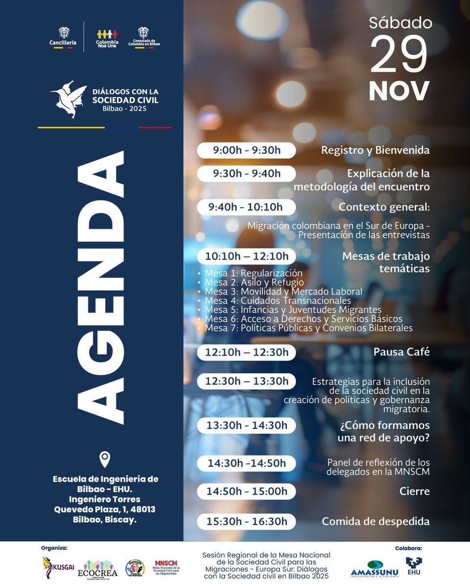 Ayer en el consulado de Colombia en Bilbao se inició el encuentro de los y las colombianas del sur de Europa, 10 países,  para conversar sobre política integral migratoria y la mesa nacional de la sociedad civil para las migraciones
Eskubide guztiak pertsona guztientzat.