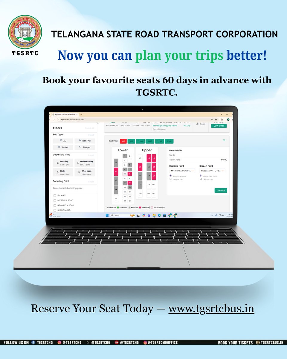 TGSRTCHQ's tweet image. Secure your seat early with TGSRTC! 🚌💺
Book your favourite seats 60 days in advance and travel stress-free.
👉 Book now: tgsrtcbus.in

#TGSRTC #PlanYourTrip #AdvanceBooking  #BookEarly #SafeTravel #PublicTransport