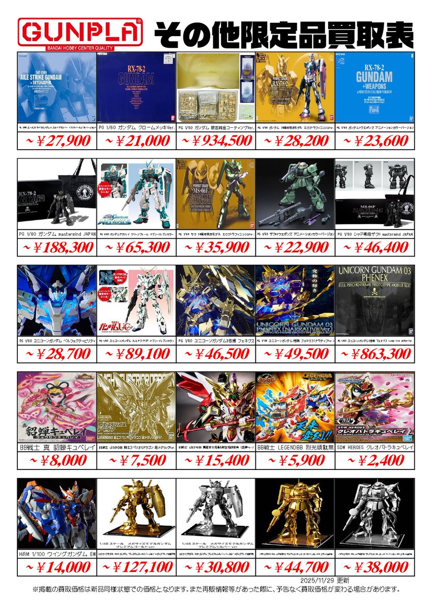 定価販売送料込み‼️ガンプラ11点セット。 📢#限定品ガンプラ 買取表更新 11/29付① ＼ 系列3店舗・宅配買取