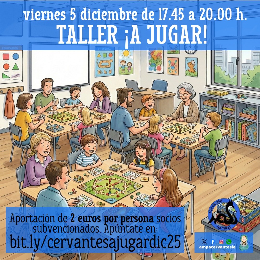 🧑‍🧒‍🧒🧑‍🧑‍🧒‍🧒🧑‍🧑‍🧒 ¿Os gusta jugar en familia a juegos de mesa? 

📝Apunta el próximo viernes 5 e inscríbete en bit.ly/cervantesajuga… 

🌈Jugaremos juntos con la colaboración de <a href="/AJueganess/">Asociación JuegaNess</a> 

ℹ️Todos los detalles en bit.ly/4ir8mxp